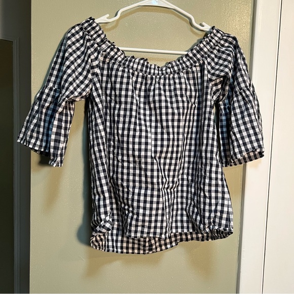 Abercrombie & Fitch Off Shoulder Gingham Top Navy White S - Picture 8 of 10